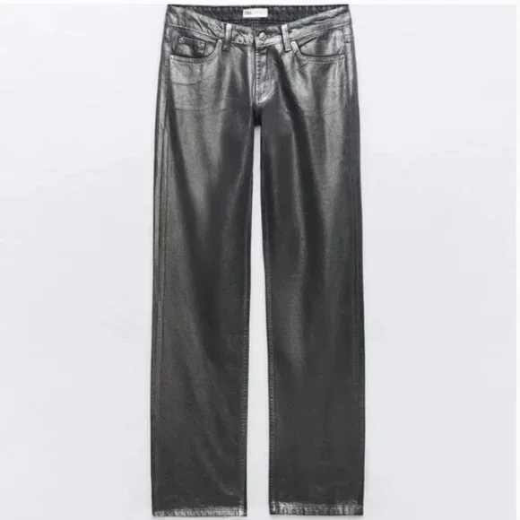 NWT ZARA MID WAIST STRAIGHT LEG FOIL JEANS BLACK - Picture 6 of 6